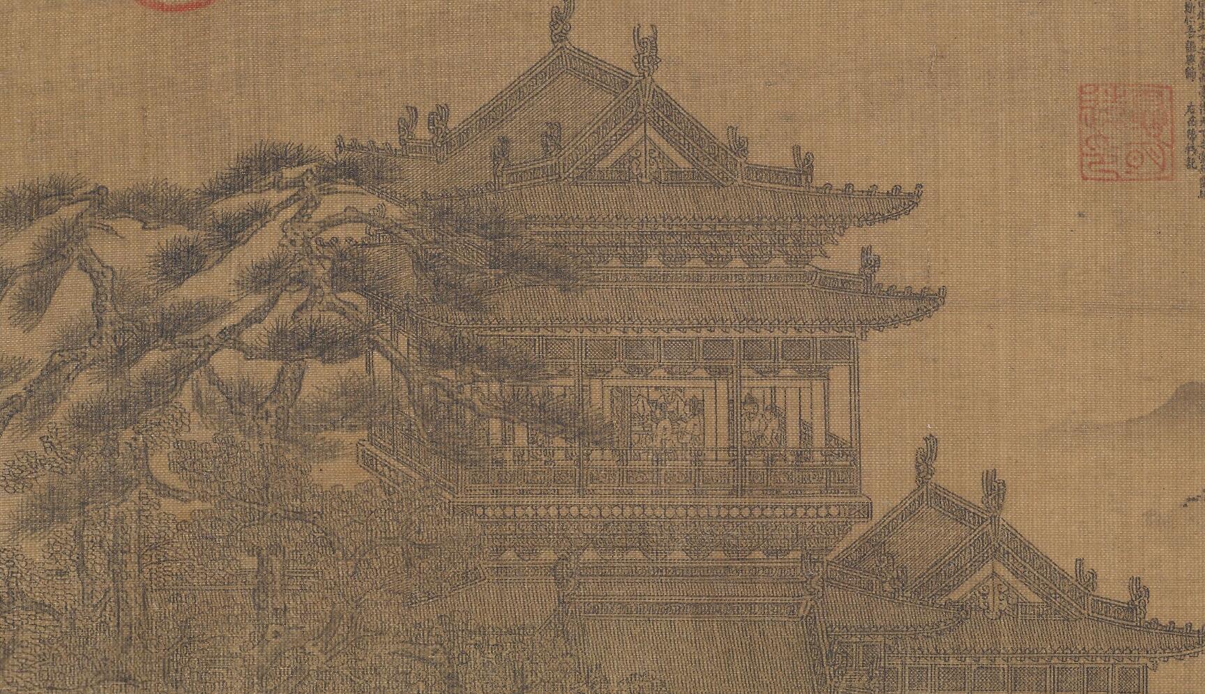 其精整工细的线描,正可谓"细若蚊睫,侔于鬼工",这种纯以墨笔白描界画