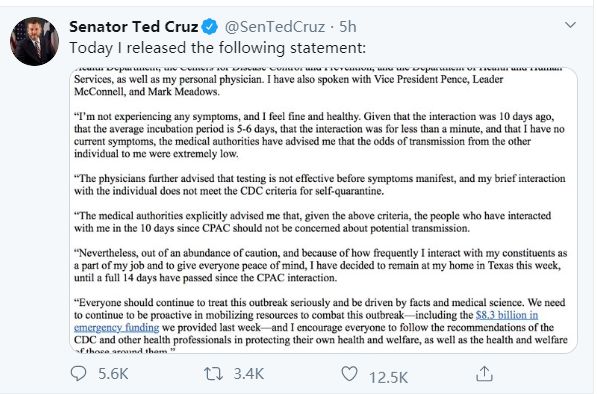 [国际]美国老牌反华议员因接触确诊患者自我隔离