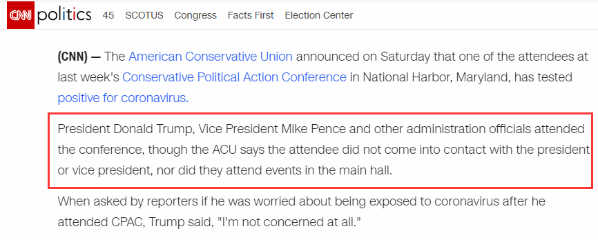 [国际]美国老牌反华议员因接触确诊患者自我隔离