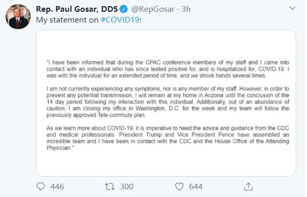 [国际]美国老牌反华议员因接触确诊患者自我隔离