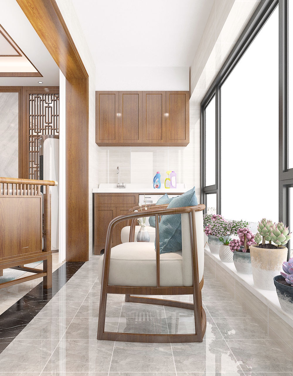 142平米新中式风格,客厅整体家居大气,质感足,色彩饱满