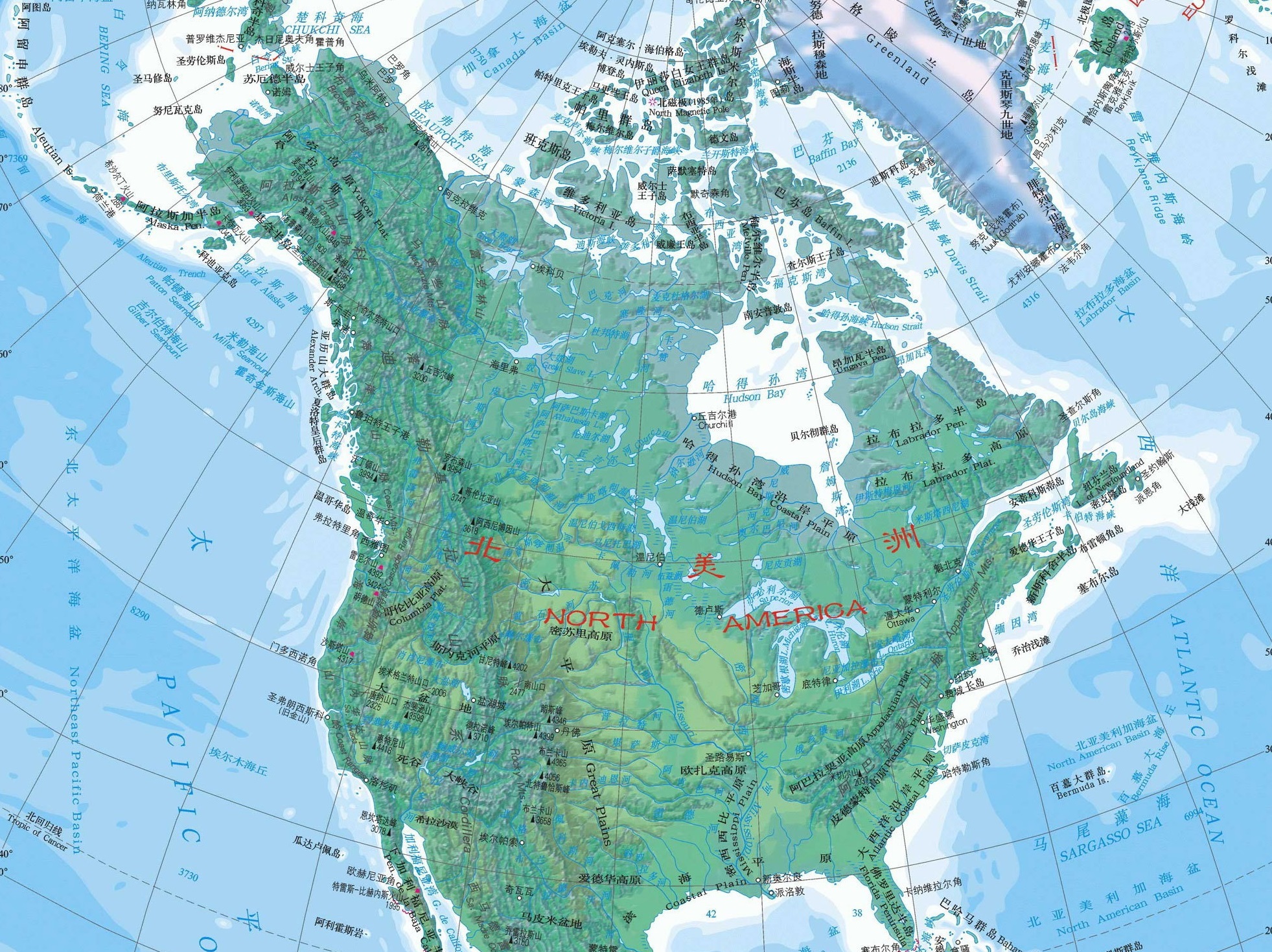 南北美洲地形图高清图片