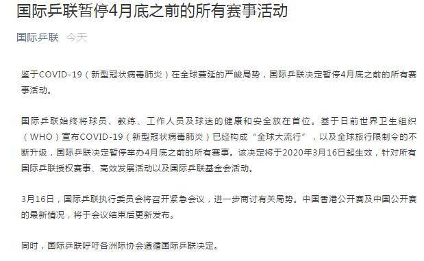 财经@国际乒联发布公告：暂停4月底前所有赛事