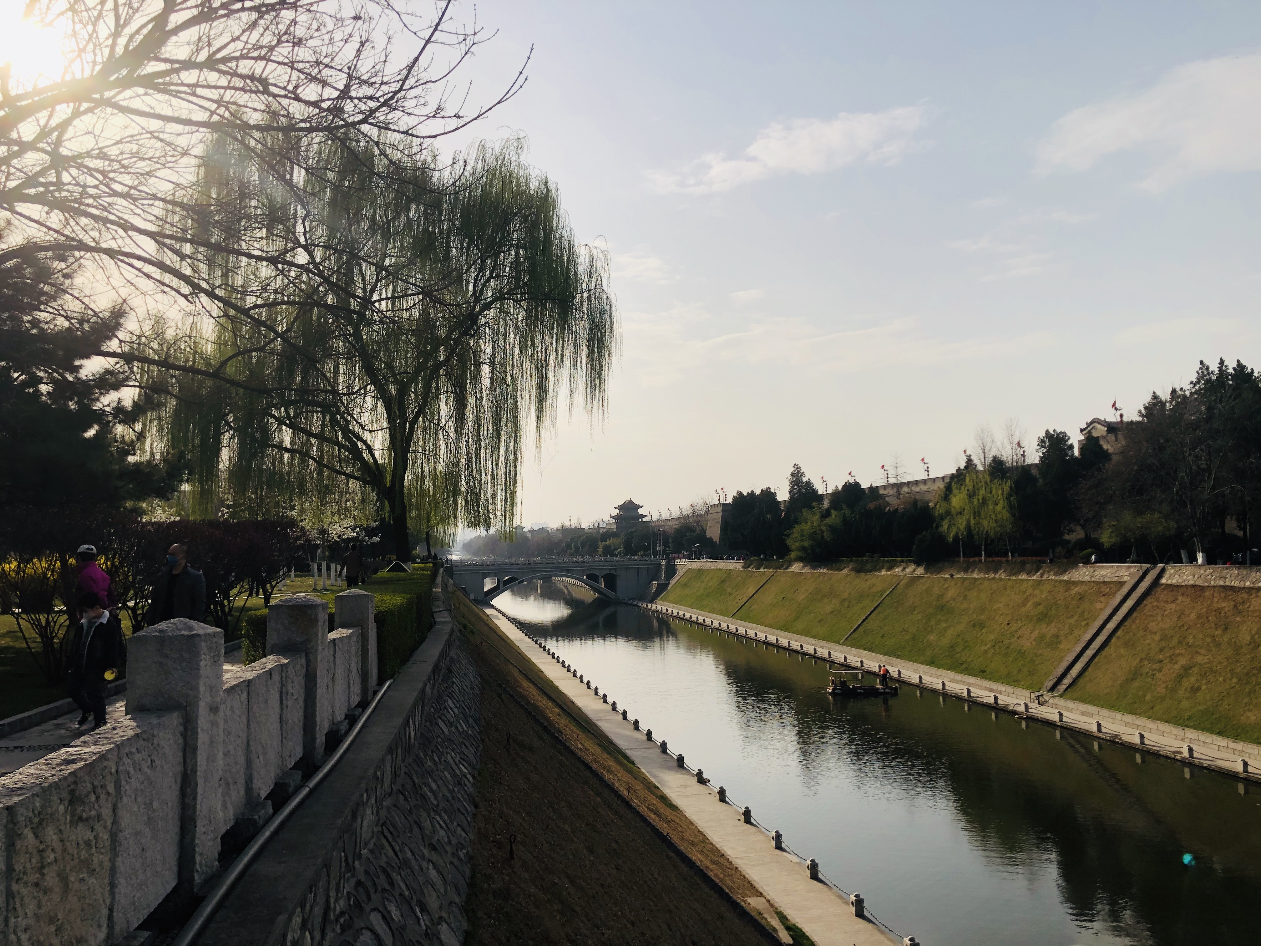 镜头中的古城墙护城河与柳树