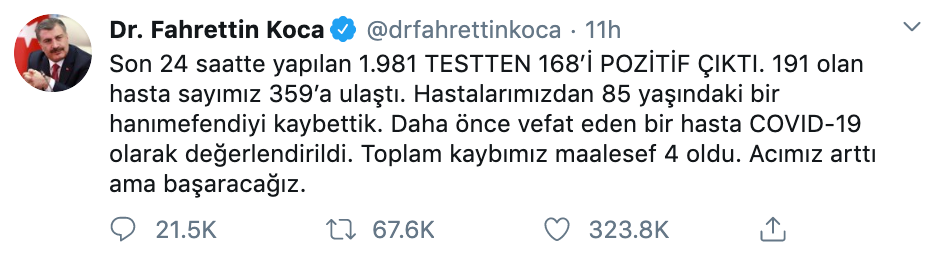 『陆军』土耳其前陆军司令感染新冠肺炎去世，报确诊数才359例……