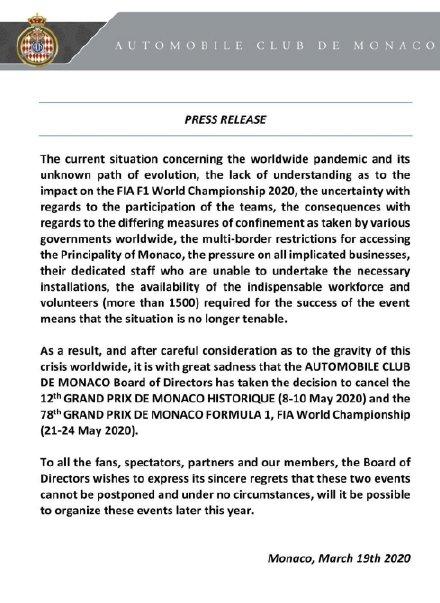f1■F1摩纳哥大奖赛被取消 西班牙站以及荷兰站的比赛被推迟