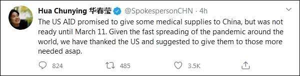 国际▲华姐再发推：美国承诺的物资上周才准备好，我们建议……