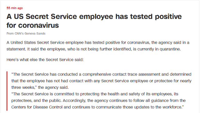 特勤■负责保护总统的美国特勤局一雇员新冠病毒检测呈阳性，已被隔离