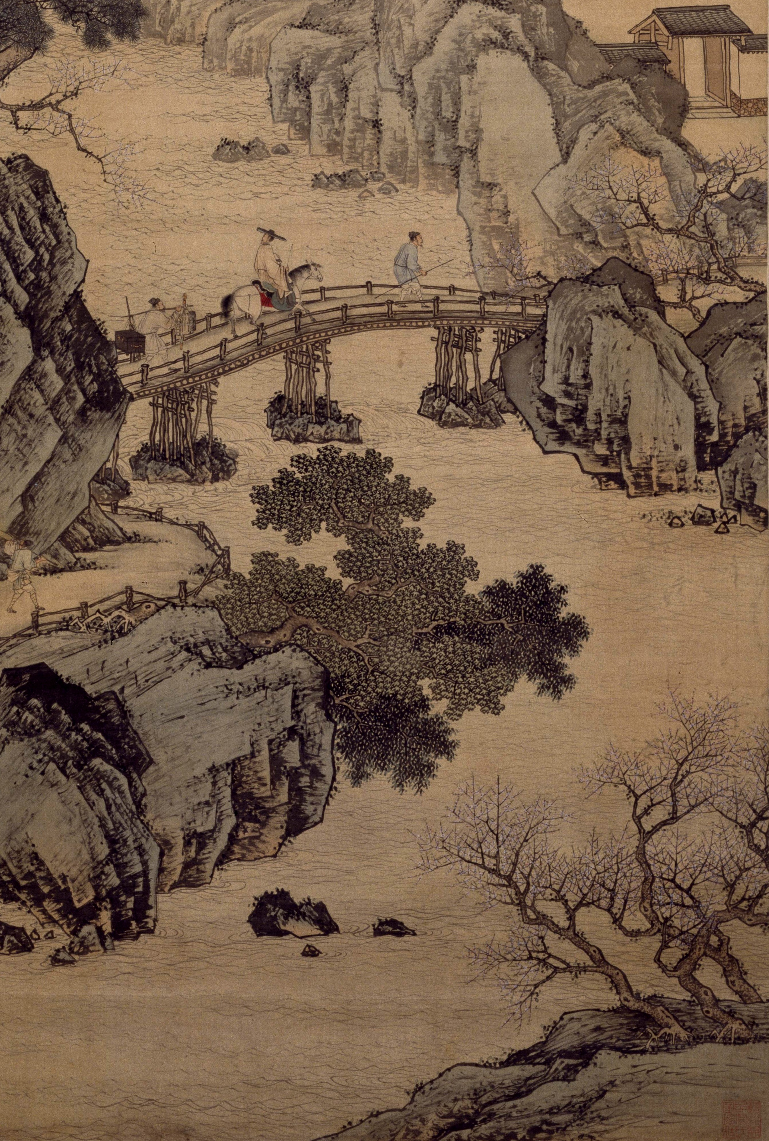 明 周臣《春山游骑图》中的桃花