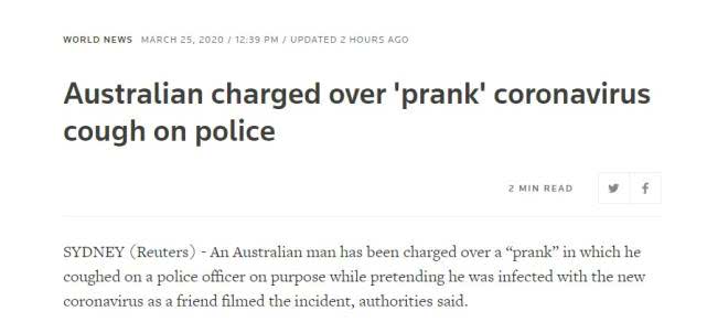 「国际社会」澳大利亚21岁男子假装感染新冠病毒，故意对71岁女警官咳嗽