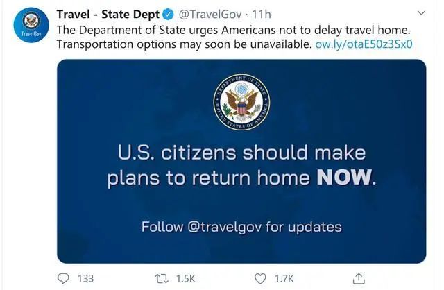 美国政府：美国政府：美国公民尽快回国！立刻马上