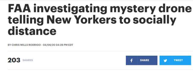 无人机■纽约公园出现无人机喊话“保持社交距离”,官方:不是我们派的