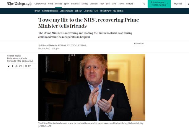 「英媒」英媒:约翰逊出ICU后病情正在恢复,可以坐起来看书了