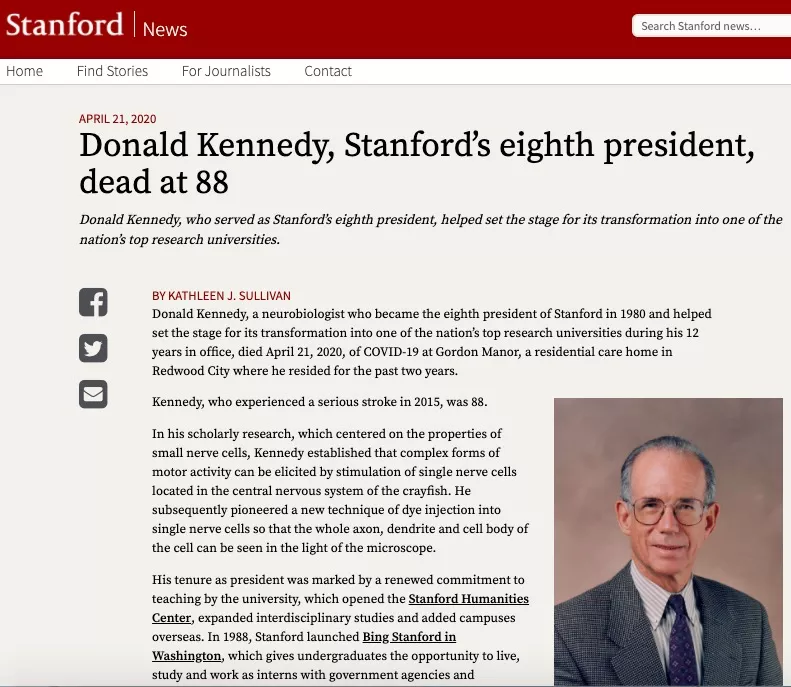 [斯坦福大学]突发！斯坦福大学前校长因新冠肺炎去世！