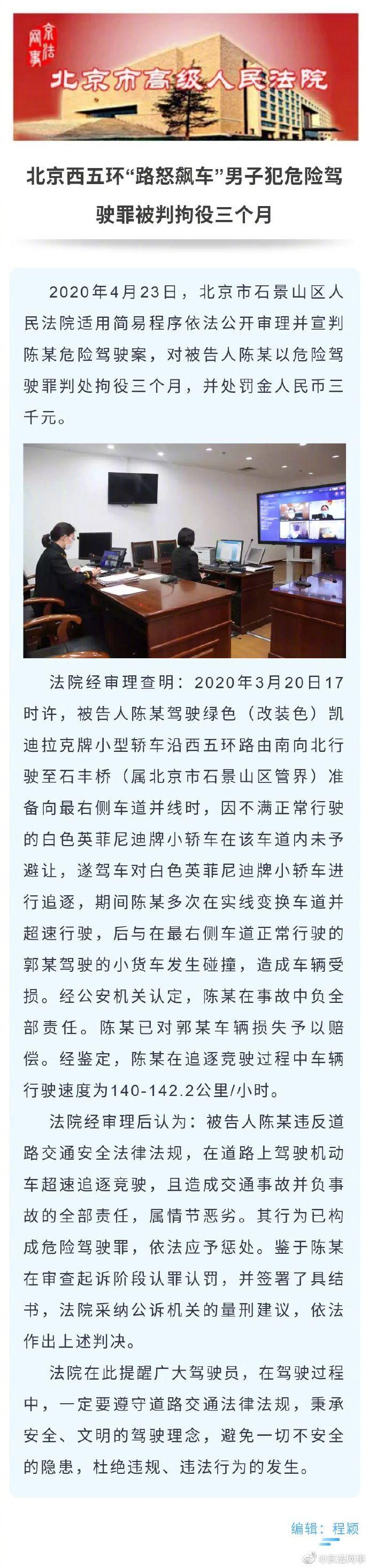 「危险驾驶罪」北京“路怒飙车”男子因危险驾驶罪被判拘役三个月