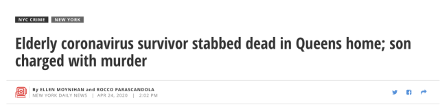 肺炎▲纽约一78岁新冠肺炎患者康复出院,却疑被儿子杀害