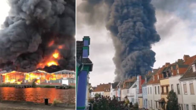 国际社会：德国不来梅一木材仓库起火 现场火势凶猛浓烟冲天