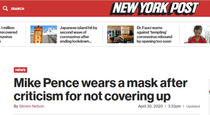 『彭斯』探望新冠病人不戴口罩挨批后，彭斯这次终于把口罩戴上了