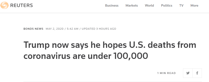 特朗普：特朗普又为自己准备了4万条美国人命