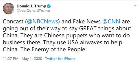 [特朗普]特朗普点名两家美媒卖国：总宣扬中国了不起，人民公敌！