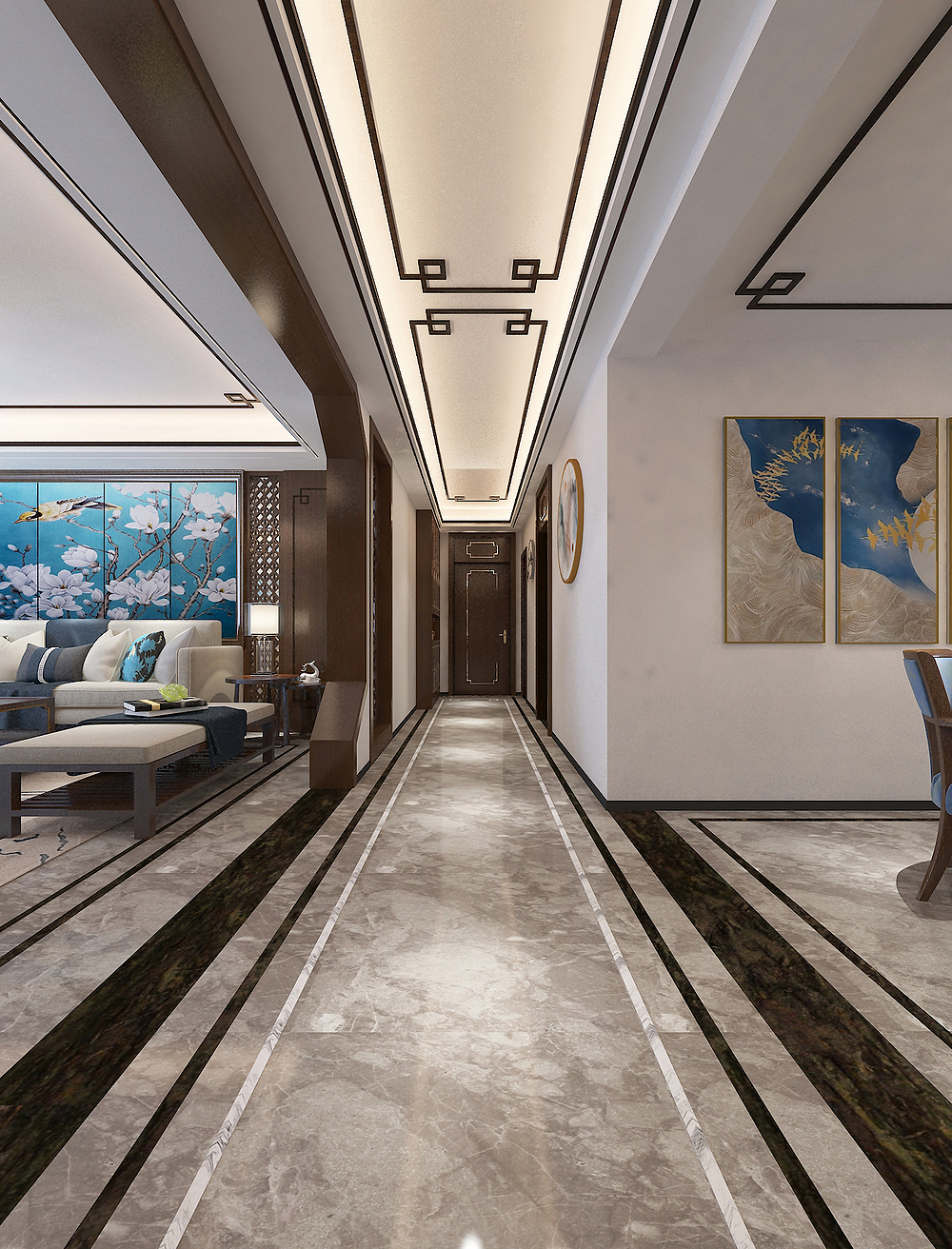 过道 过道 地面波打线与顶面木线条呼应,透视感极强;吊顶很有中式"佛"