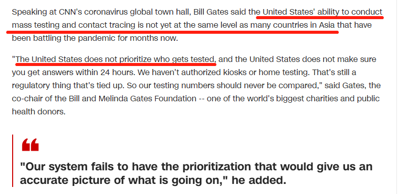 「国际」比尔·盖茨批美国检测系统不区分优先级：有钱人检多次，低收入者或检不上……