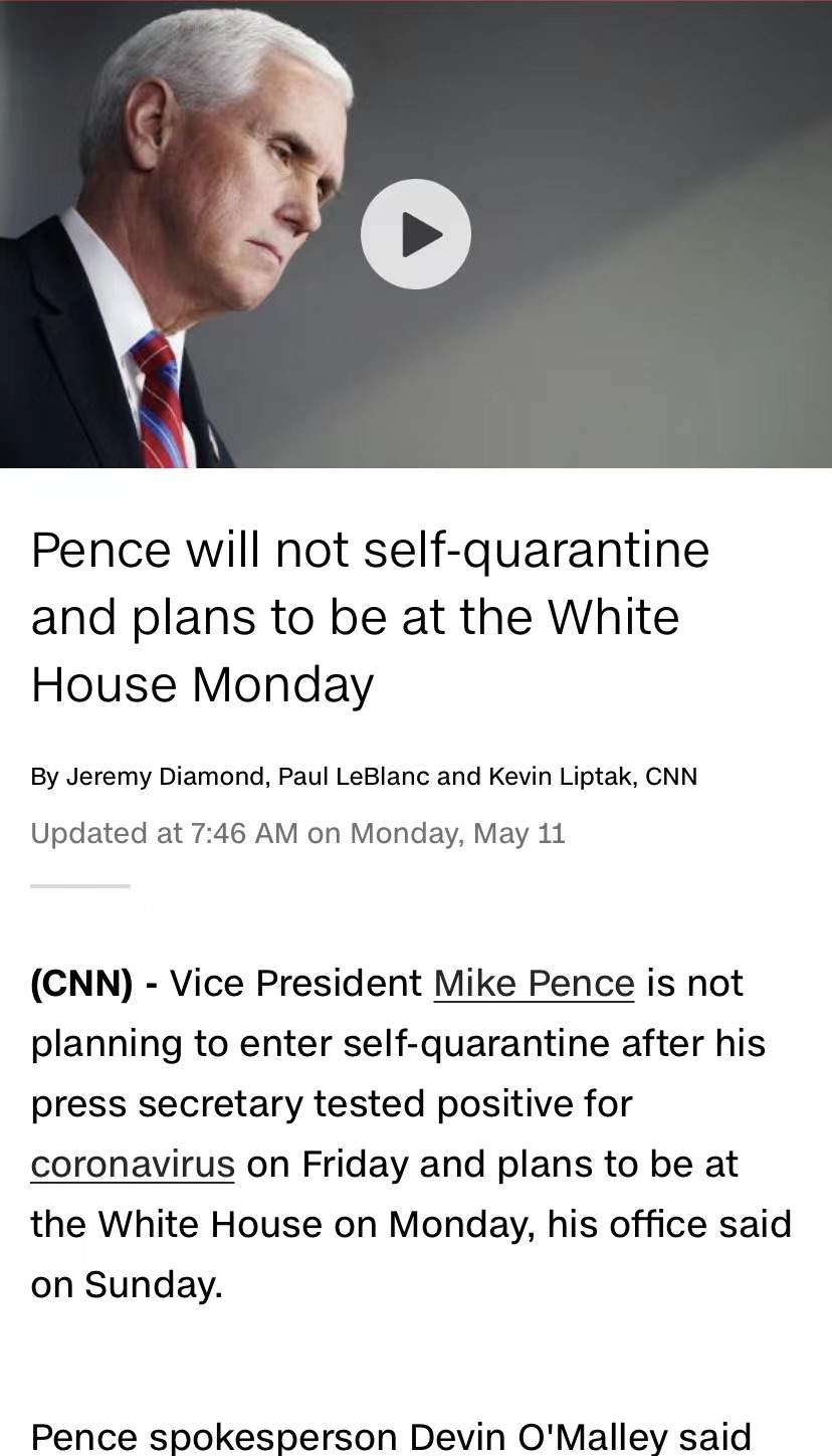 彭斯美媒：身边秘书确诊后，彭斯将继续前往白宫工作