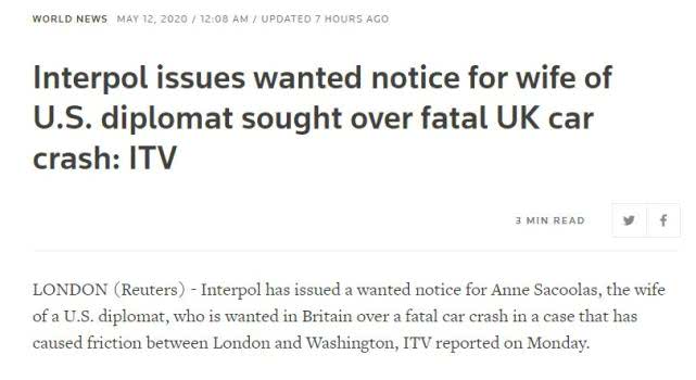 红色通缉令英媒：国际刑警组织发红色通缉令，捉拿撞死英少年的美外交官妻子