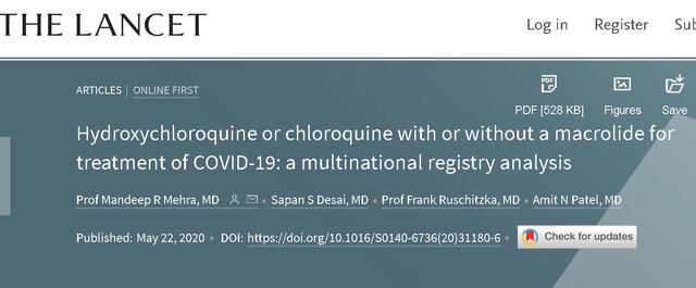 羟氯喹多国专家柳叶刀发文：羟氯喹治疗新冠会导致死亡增加