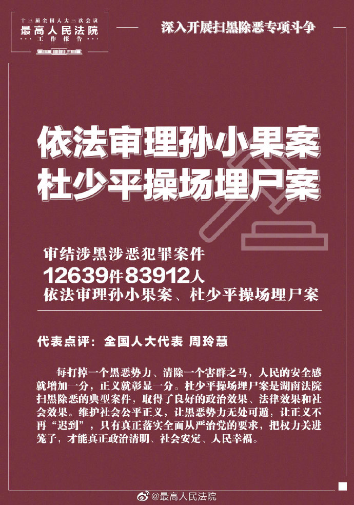 法律最高法工作报告：依法审理孙小果案、操场埋尸案，让正义得以实现
