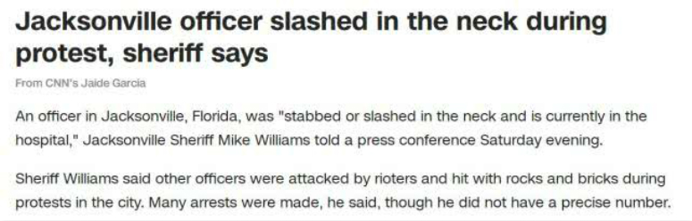 国际社会|抗议继续!美杰克逊维尔市一警官颈部被砍伤,已送往医院