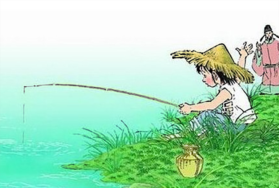 蓬头稚子学垂纶,侧坐莓苔草映身.