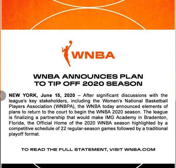 wnba季后赛|WNBA官方声明：本赛季常规赛场数缩水为22场 将于7月下旬开打