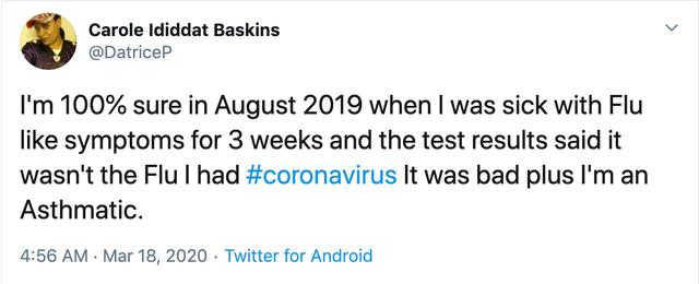 国际|美国网民自曝去年感染新冠,最早在8月