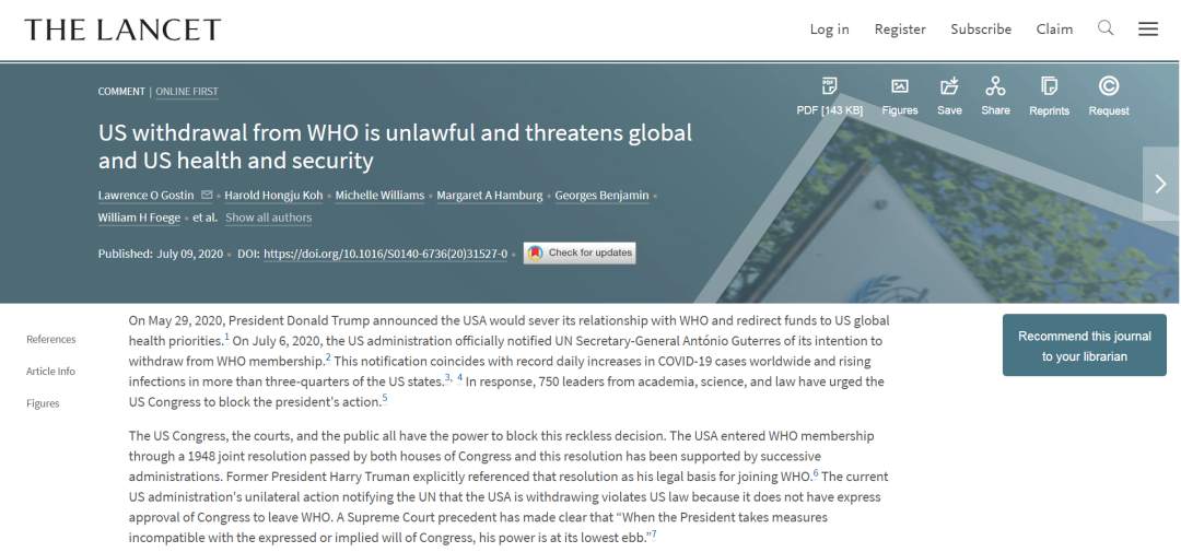 柳叶刀|《柳叶刀》文章：退出世卫组织将严重负面影响美国