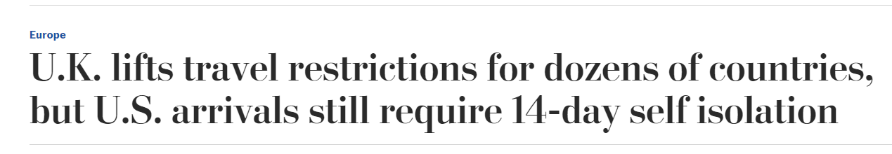 国际社会|英国对75个国家取消入境隔离限制 不包含美国