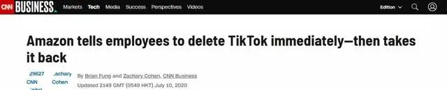 国际|亚马逊命令员工删除TikTok，几小时后宣布该指令是“错发”