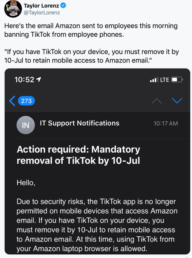 国际|亚马逊命令员工删除TikTok，几小时后宣布该指令是“错发”