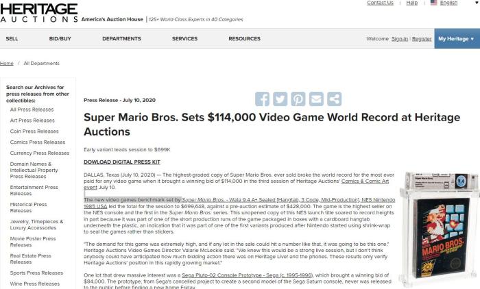 经济日报|11.4万美元!35年前《超级马里奥》游戏卡带高价拍出