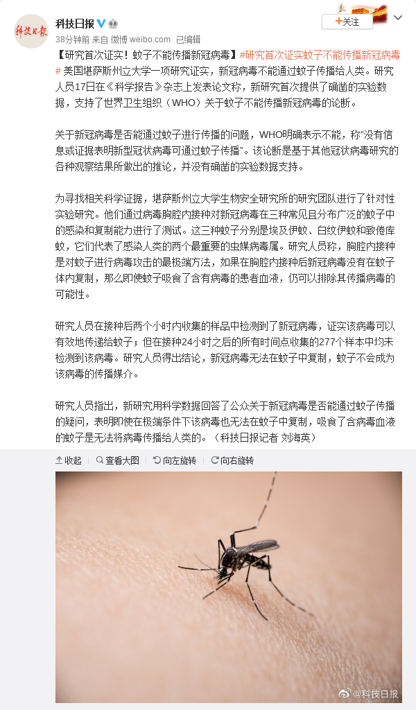 科学|研究首次证实!蚊子不能传播新冠病毒