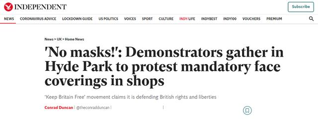 环球时报|美国流传“口罩致脑癌”谣言后，英国也爆发抗议“抵制戴口罩”