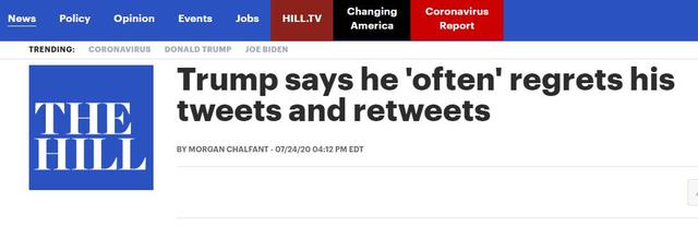 环球时报|特朗普终于承认：发推太多，转发他人推特给自己带来麻烦