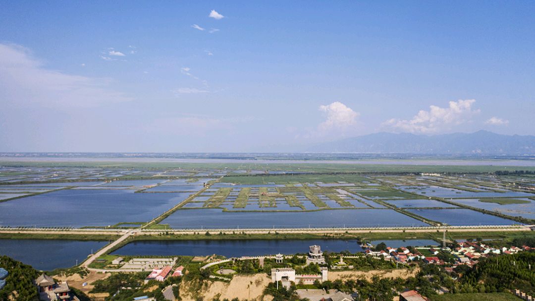 航拍陕西大荔黄河湿地蓝天白云真漂亮福佑古寨堪比江南水乡美