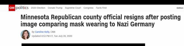 明尼苏达|将戴口罩比作纳粹强迫犹太人佩戴标志，美共和党干部辞职