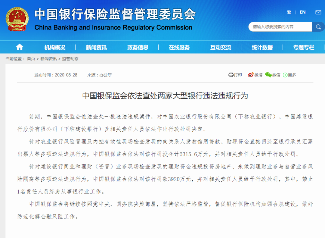 财经|又见巨额罚单！农行、建行违法违规被罚