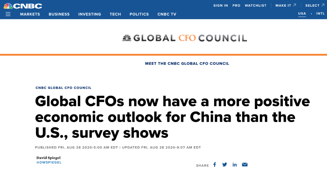 首席财务官|历史上首次：大量全球高管认为，与美国相比更看好中国经济