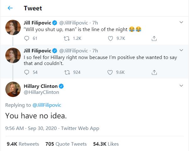 特朗普|辩论时拜登对特朗普呛“你能闭嘴吗”，希拉里：我当年也很想说