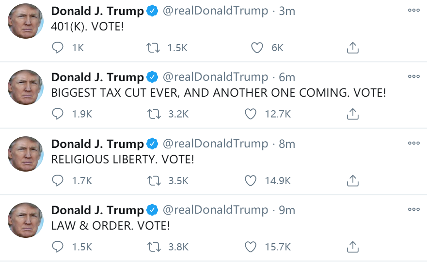 特朗普|特朗普早上6点突然刷屏为自己拉票，连发15个“投票！”