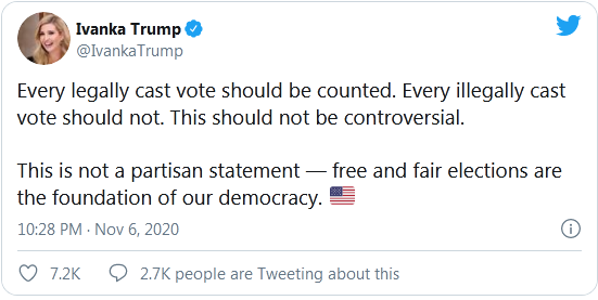 伊万卡·特朗普|伊万卡：每一张合法选票都应被计算在内，非法选票则不应被计算