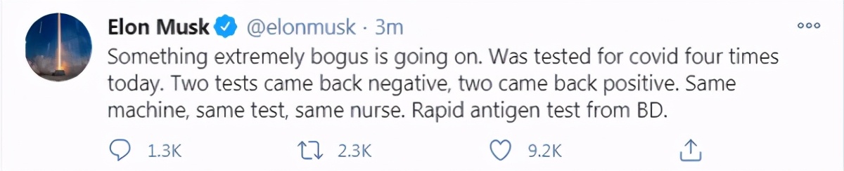 特斯拉|特斯拉CEO马斯克：今天做了4次核酸检测，2次阴性2次阳性